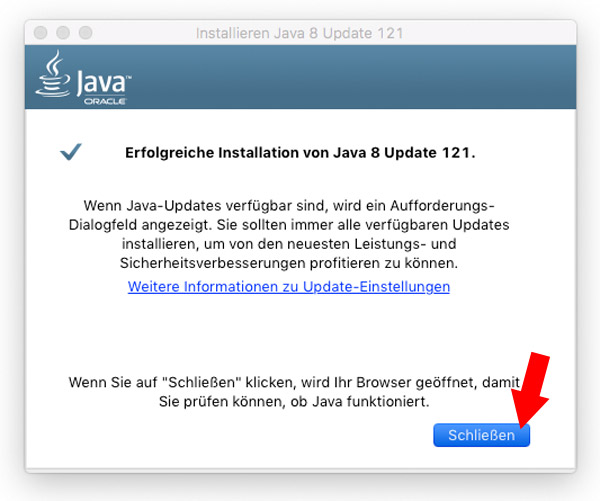 Java Installation erfolgreich abgeschlossen