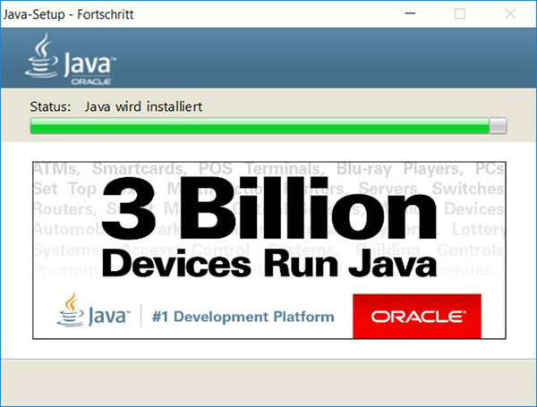 Forschritt der Java Installation wird angezeigt