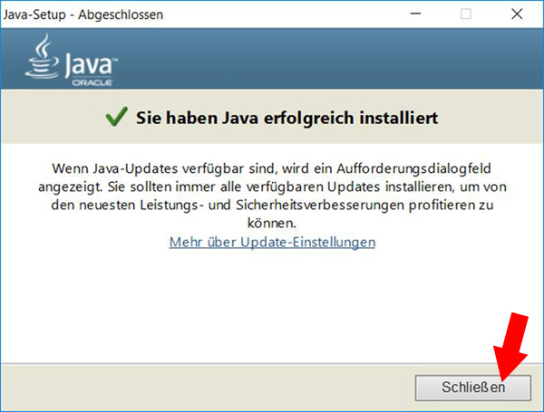 Java Installation erfolgreich abgeschlossen