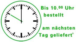 Skizze eine Uhr, die auf 10 Uhr steht mit dem Text: Bis 10 Uhr bestellt und am nächsten Tag geliefert