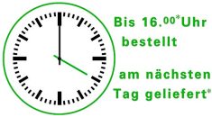 Skizze eine Uhr, die auf 16 Uhr steht mit dem Text: Bis 16 Uhr bestellt und am nächsten Tag geliefert